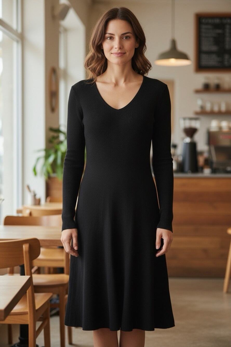 Peruvian Connection Ribbed Knit Midi Dress •L• Black V Neck Long Sleeve Peru